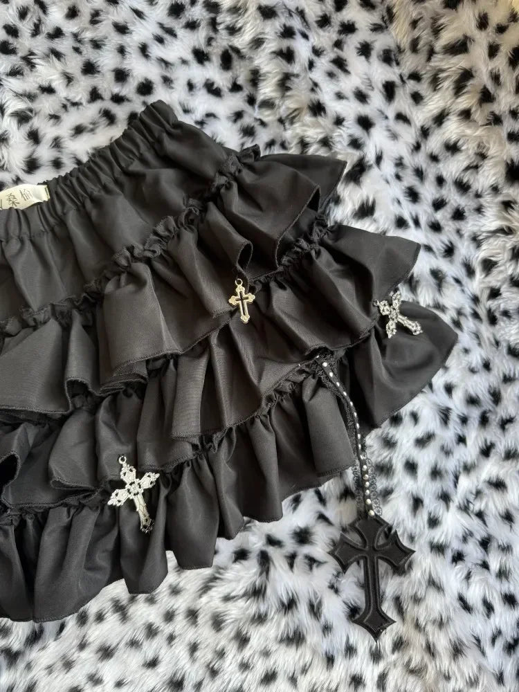 Emo Women Y2K Japanese Goth Elastic Waist Cross Mini Short Skirt High Waist Aesthetic Acubi Ruffle Skirts A-line 2000s Clothes