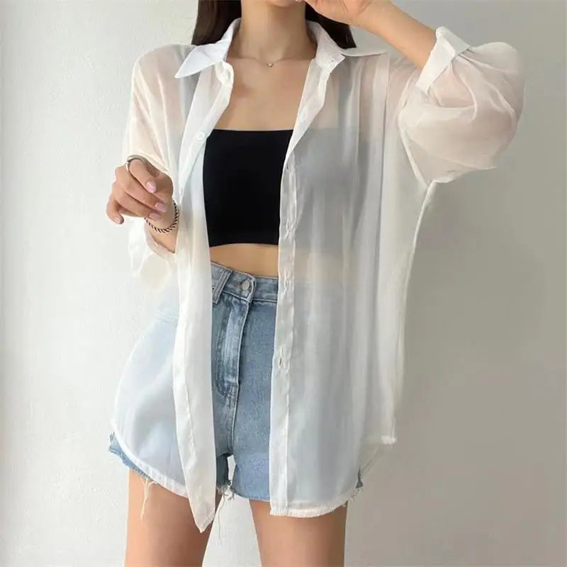 7 Colors Shirts Women Sheer Thin Chic Summer Simple Solid Sun-proof Tops Fashion Baggy All-match Basic Korean Style Sexy Clothes