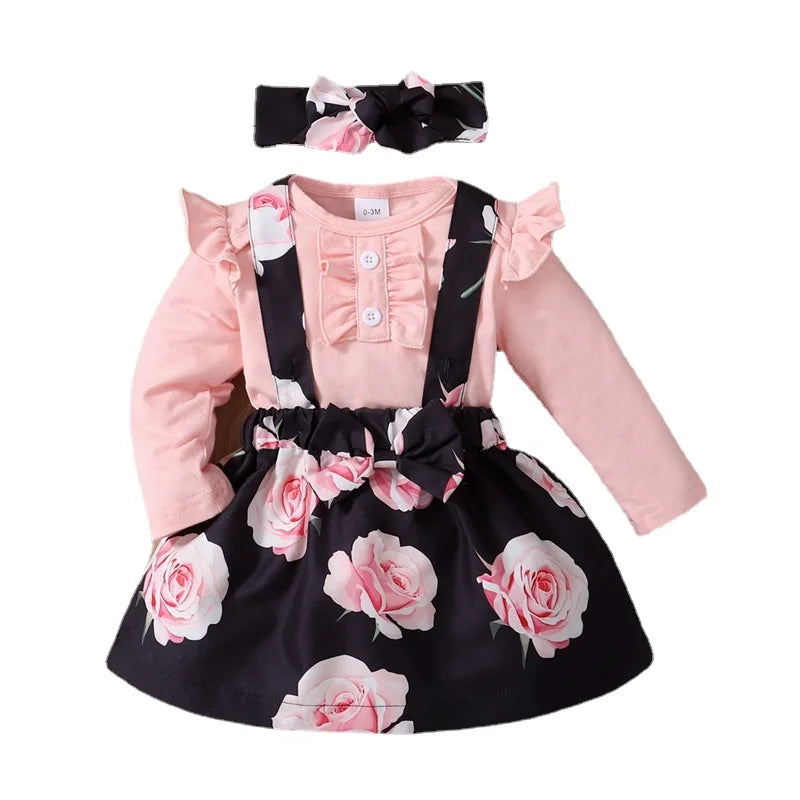3PCS Baby Girl Dress Set Long Sleeves Bodysuit+Rose Floral Suspender Skirt+Headband Fashion Outfits for Toddlers 0-18 Months