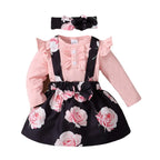 3PCS Baby Girl Dress Set Long Sleeves Bodysuit+Rose Floral Suspender Skirt+Headband Fashion Outfits for Toddlers 0-18 Months