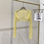 2023 new sexy bright diamond short top Slim thin Ms. hot drill long-sleeved T-shirt sexy leak waist nightclub