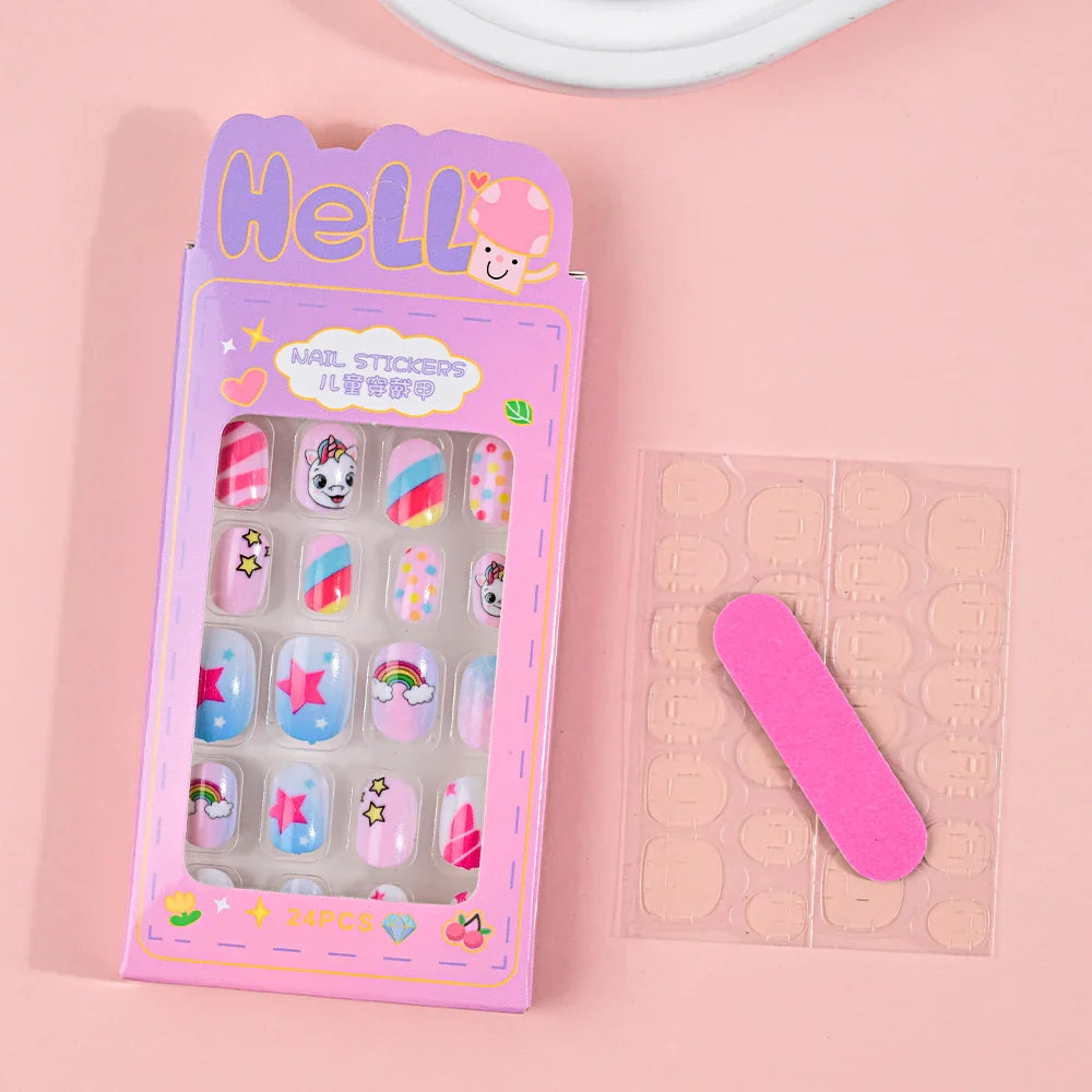 24Pcs Children Cartoon Nail Tips Colorful Cute Rabbit Pink Stars 6-14 Years old Girl Fake Nail With Jelly Glue Kids False Nail