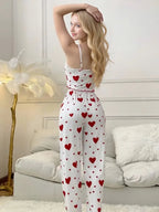 Casual Women's Pajamas Set White Red Love Printing Soft Short Vest And Bow Trim Long Pants Summer Sexy Lingerie Homewear Suit