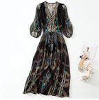 2025 Summer Bohemian Dresses For Women Elegant V-neck High Waist Women's Print Black Dress A-line 100% Real Silk Long Midi Dress