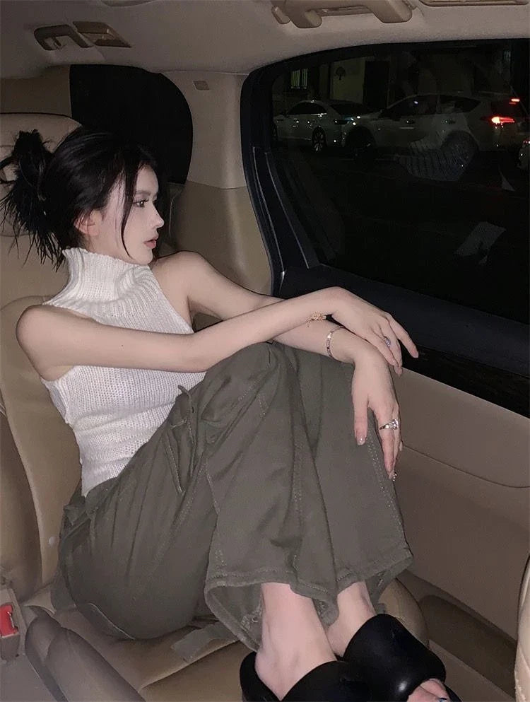 Crop Top Summer Y2K Clothes Fashion Sleeveless Shirts Turtleneck Tees Bandage Tanks Hollow Out Tops Women Sexy Gothic Clothing