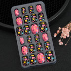 24Pcs Children Cartoon Nail Tips Colorful Cute Rabbit Pink Stars 6-14 Years old Girl Fake Nail With Jelly Glue Kids False Nail