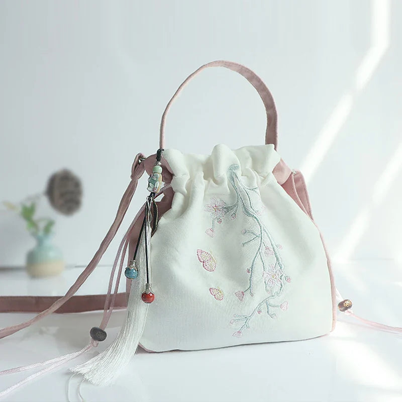 Chinese Style Women's Drawstring Bag Vintage Flower Embroidery Hanfu Handbag Street Fashion Girls Bucket Shape Shoulder Bag