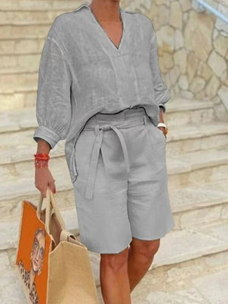 2024 Summer Fashion New Matching Collection Loose and Elegant V-neck Short Sleeve Cotton Linen Top Wide Leg Shorts Two Piece Set