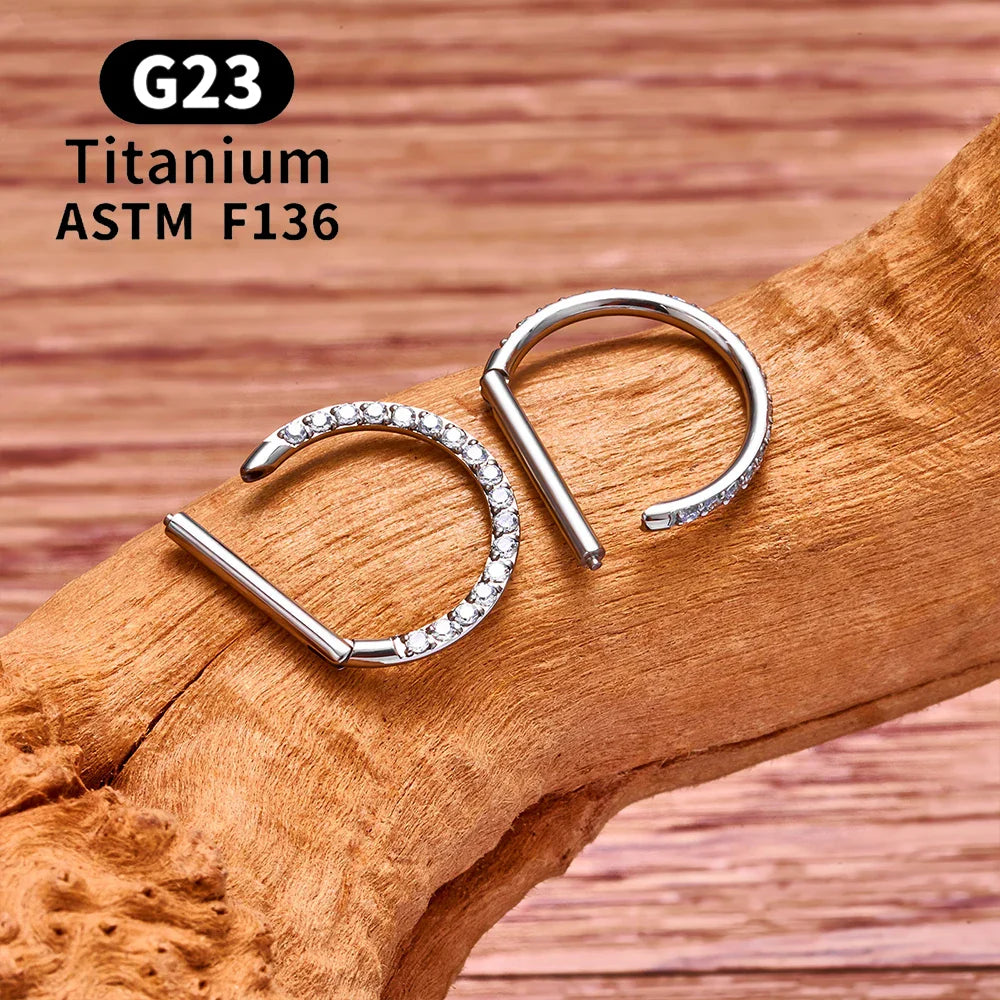1/10PCS F136 G23 Titanium Piercing Nose Ring D Shape Hinged Segment CZ 16G Clicke Cartilage Tragus Helix Earrings Body Jewelry