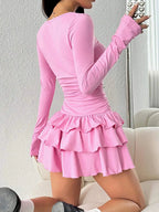 2025 Autumn Solid Slim Fit Cascading Ruffles Mini Dress Winter Women Elegant Flare Sleeve High Waist Sexy Party Bodycon Dresses