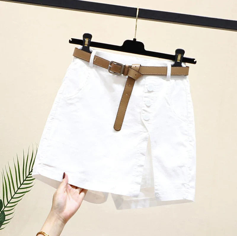 Chic Shorts Women Belt Korean Solid Buttons Side Slit A-line Streetwear Fashion Skirts Chic Harajuku Summer Loose Pants