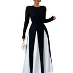 2025 Spring & Autumn Women's Long Sleeve Round Neck A Line Contrast Color Dress, Stylish Black & White Patchwork Long Dress