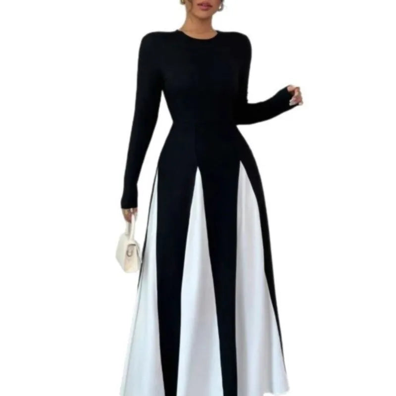 2025 Spring & Autumn Women's Long Sleeve Round Neck A Line Contrast Color Dress, Stylish Black & White Patchwork Long Dress