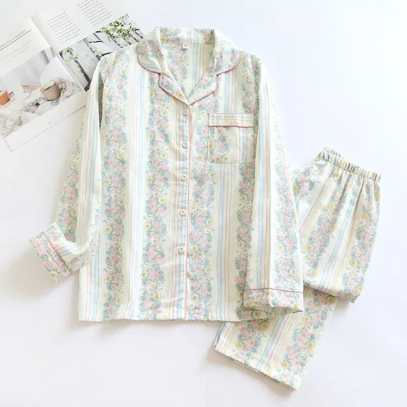 2025 Japanese New Women's Pajama Set 100% Cotton Gauze Long Sleeve Long Pants Two Piece Set Fresh and Sweet Thin Home Clothing