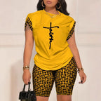 Digital Print round Neck Short Sleeve Women's Suit Summer New Style Elegance Quality Polyester Fiber Skirt Set from Mainland Chi