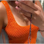 Elegant Sequined Orange Cardigans Women Y2k O-neck Short Sleeve One Button Female Tops 2025 Street Summer Lady Chic Knitwear