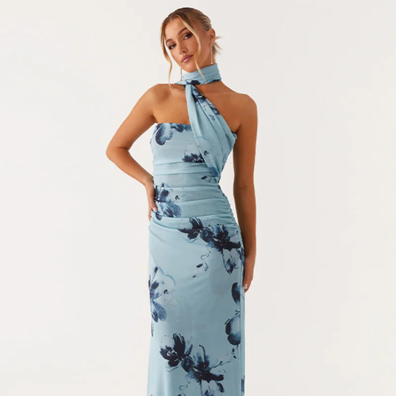 Elegant Floral Print Maxi Dress Backless Sleeveless Long Robes High Waist Slimming Dresses 2025 New Lady Vacation Beach Clothing