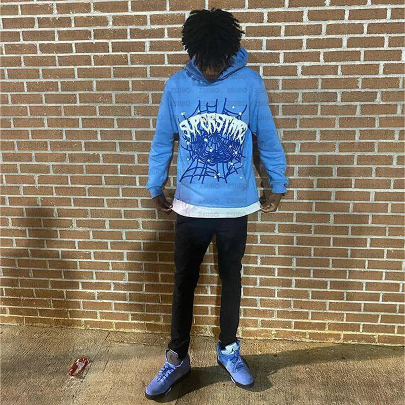 BIG PROMOTION Y2K European and American Autumn/Winter Men's Hip Hop Street Spider Web Letter Printed Loose Hooded Sweater