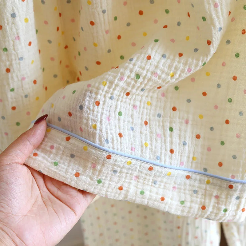 2025 New Summer Women's Pajama Set 100% Cotton Crepe Short Sleeve+Shorts+Pants 3-Piece Pajama Women's Cardigan Home Clothes