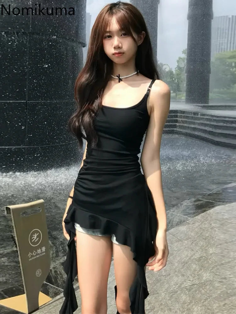 2025 Women Clothing Black Tunic Y2k Top Ruffles Sexy Camis Ropa Mujer Irrgeular Tassel Summer Vest Fashion Korean Crop Tanks