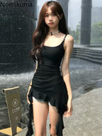 2025 Women Clothing Black Tunic Y2k Top Ruffles Sexy Camis Ropa Mujer Irrgeular Tassel Summer Vest Fashion Korean Crop Tanks