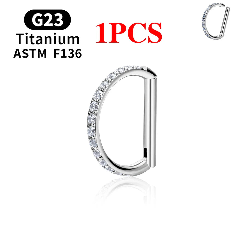 1/10PCS F136 G23 Titanium Piercing Nose Ring D Shape Hinged Segment CZ 16G Clicke Cartilage Tragus Helix Earrings Body Jewelry