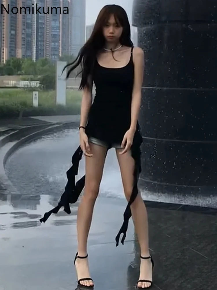 2025 Women Clothing Black Tunic Y2k Top Ruffles Sexy Camis Ropa Mujer Irrgeular Tassel Summer Vest Fashion Korean Crop Tanks