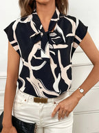 Brush Print Tie Neck Blouse, Elegant Short Sleeve Top For Spring & Summer, Women's Clothing