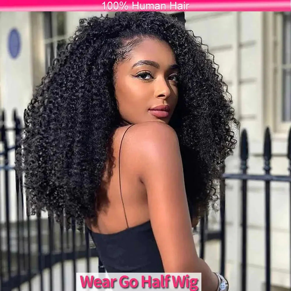 Half Wigs Human Hair Kinky Curly 3 In 1 Human Hair Wig Seamless Flip Over Half Wig Beginner Friendly Curly Wigs for Women