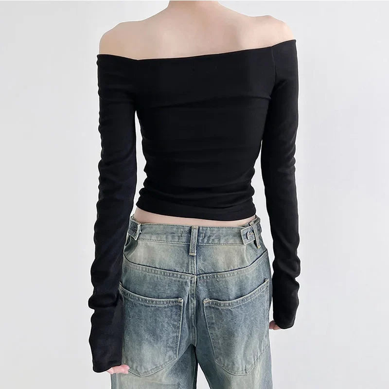Black Solid Slash Neck Elegant Long Sleeve Tops Korean Fashion Slim Sexy Cropped T Shirt Women Fall Clothing