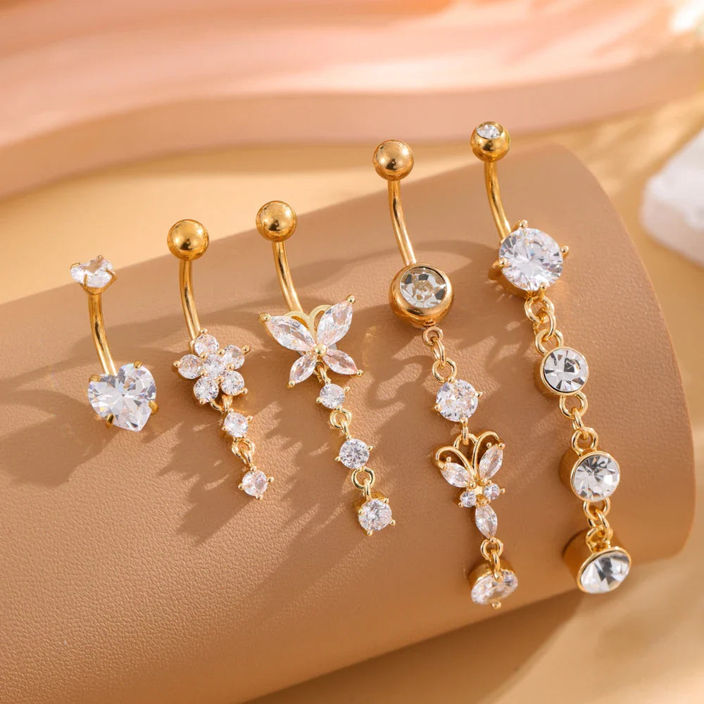 14G Gold Color Series Butterfly Dangled Belly Piercing Sets 5PCS/Lot Heart Flower Curved Navel Navel Ring Belly Button Rings