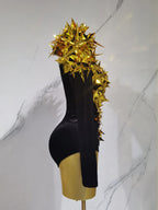 2025 New Shiny Black Rhinestone Velvet Long Sleeve Bodysuit Women Evening Party Club Gala Hosts NightClub Bar Stage Costumes