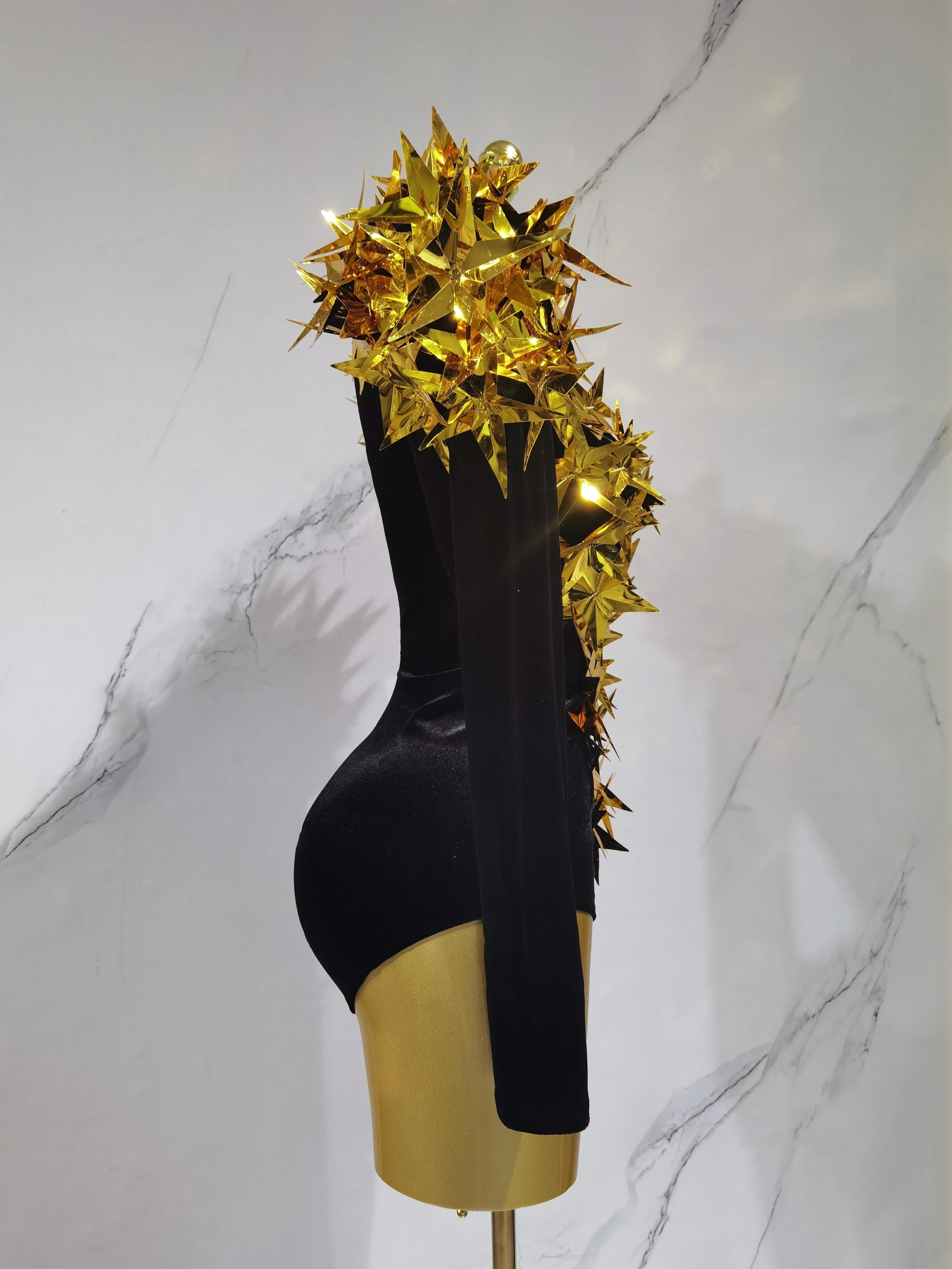 2025 New Shiny Black Rhinestone Velvet Long Sleeve Bodysuit Women Evening Party Club Gala Hosts NightClub Bar Stage Costumes