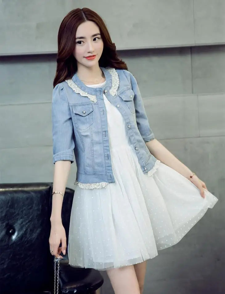 2023 Spring/Summer New Denim Jacket Women's Korean Casual Slim All-Match Short Crop Sleeve Short Sleeve Denim Button Up Top