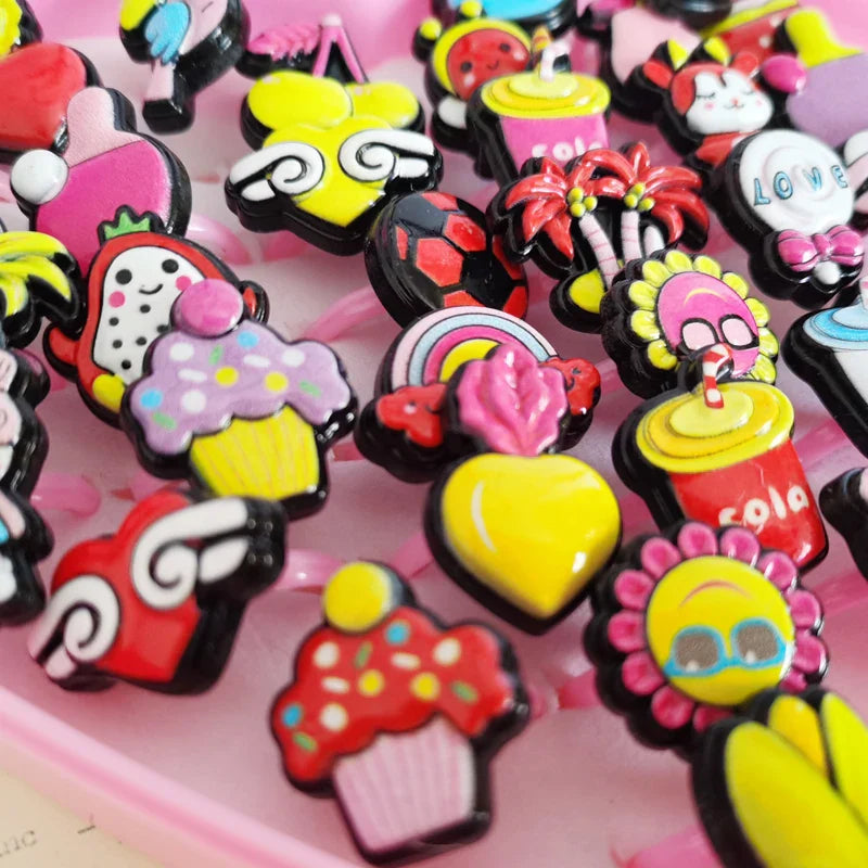 10pcs/lot Children's Cartoon Rings Candy Flower Animal Bow Shape Ring Set Mix Finger Jewellery Rings Kid Girls Toys Anillo