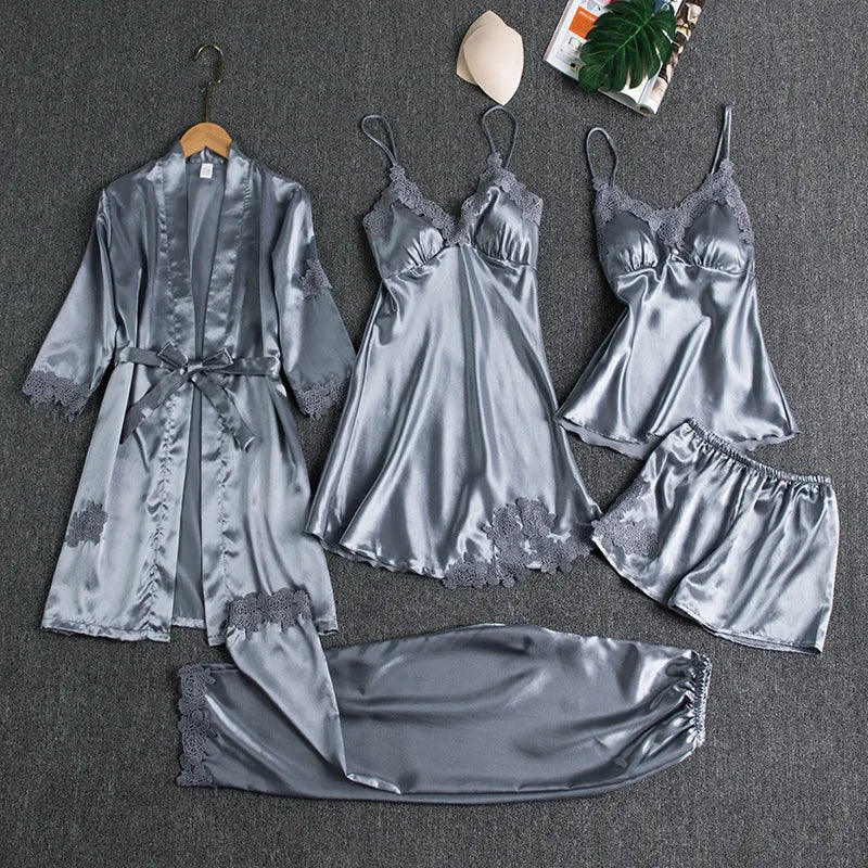 5PCS Women's Ice Silk Sexy Pajama Set Breathable Lace Satin Pajama Bathrobe Five Piece Set Casual Home Clothes Spring and Summer