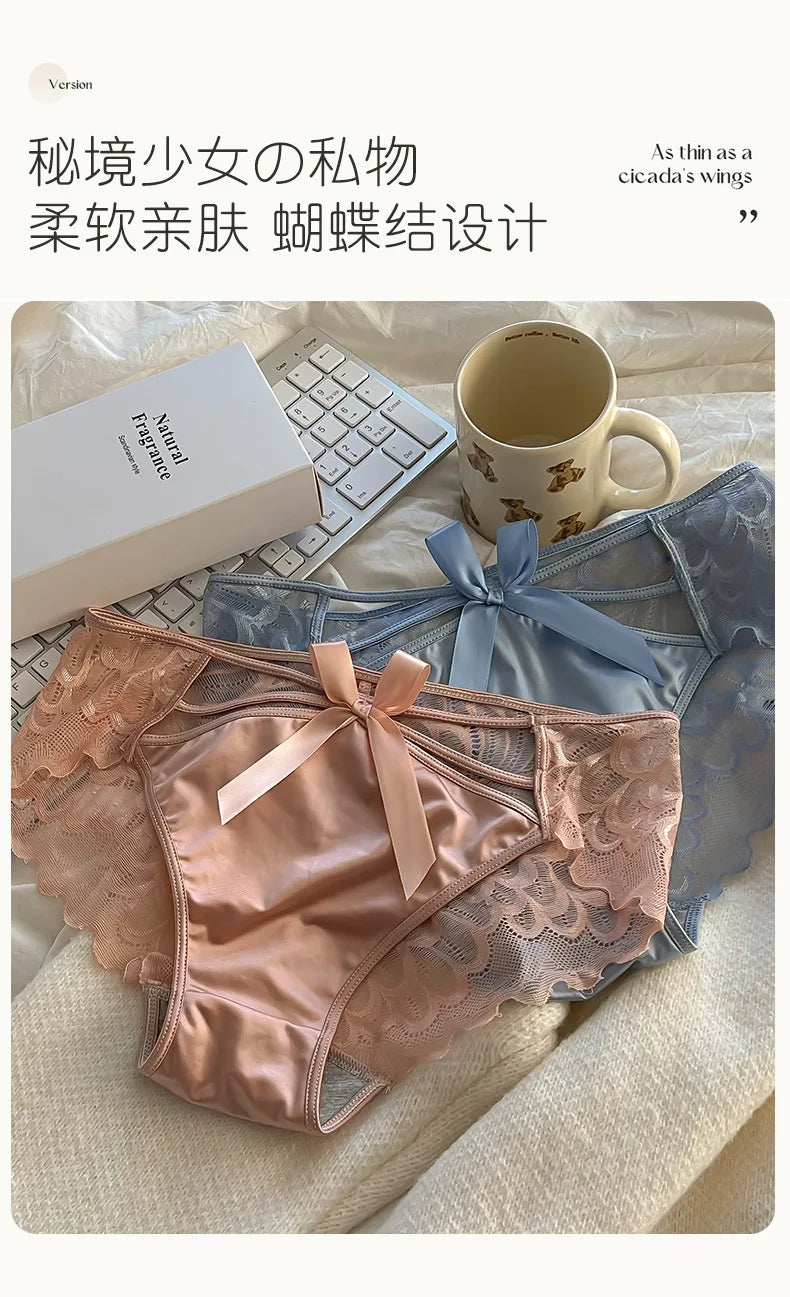 5Pcs Silk underwear, Women's intimate  sexy lovely soft ﻿comfortable bowknot silk  light  thin triangular pants lace splicing