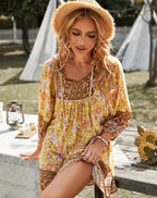 2025 Autumn Womens New Long-sleeved Bohemian Print V-neck Mini Dress For Women's Fashionable Temperament Comfortable Short Skirt