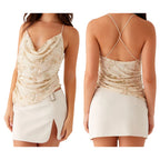 Combhasaki Women Summer Sleeveless Beading Camis Top V-neck Tie-up Cross Backless Pearl Glitter Sequin Flower Embroideried Vest