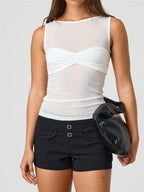 CHRONSTYLE Sexy Women Mesh Sheer See Through Tank Tops Sleeveless Round Neck Solid Color Slim Fit Ruched Patchwork Vest 2025 New