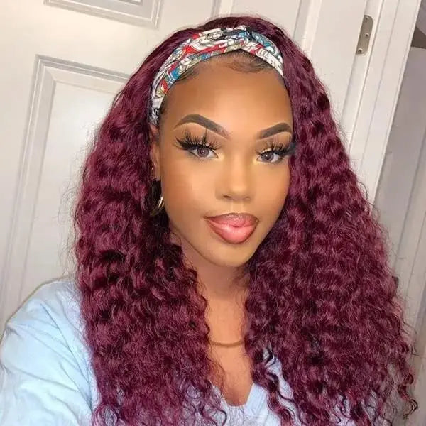 200% Density Headband Reddish Brown Wig Human Hair Ginger Deep Wave Burgundy 99J Curly Water Wave Glueless Wigs Clearance Sale