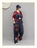 Hand Embroidery Old Cloth Patchwork Wide Leg Strap Long Pants Women Autumn Loose High Waist Jumpsuit LX4343