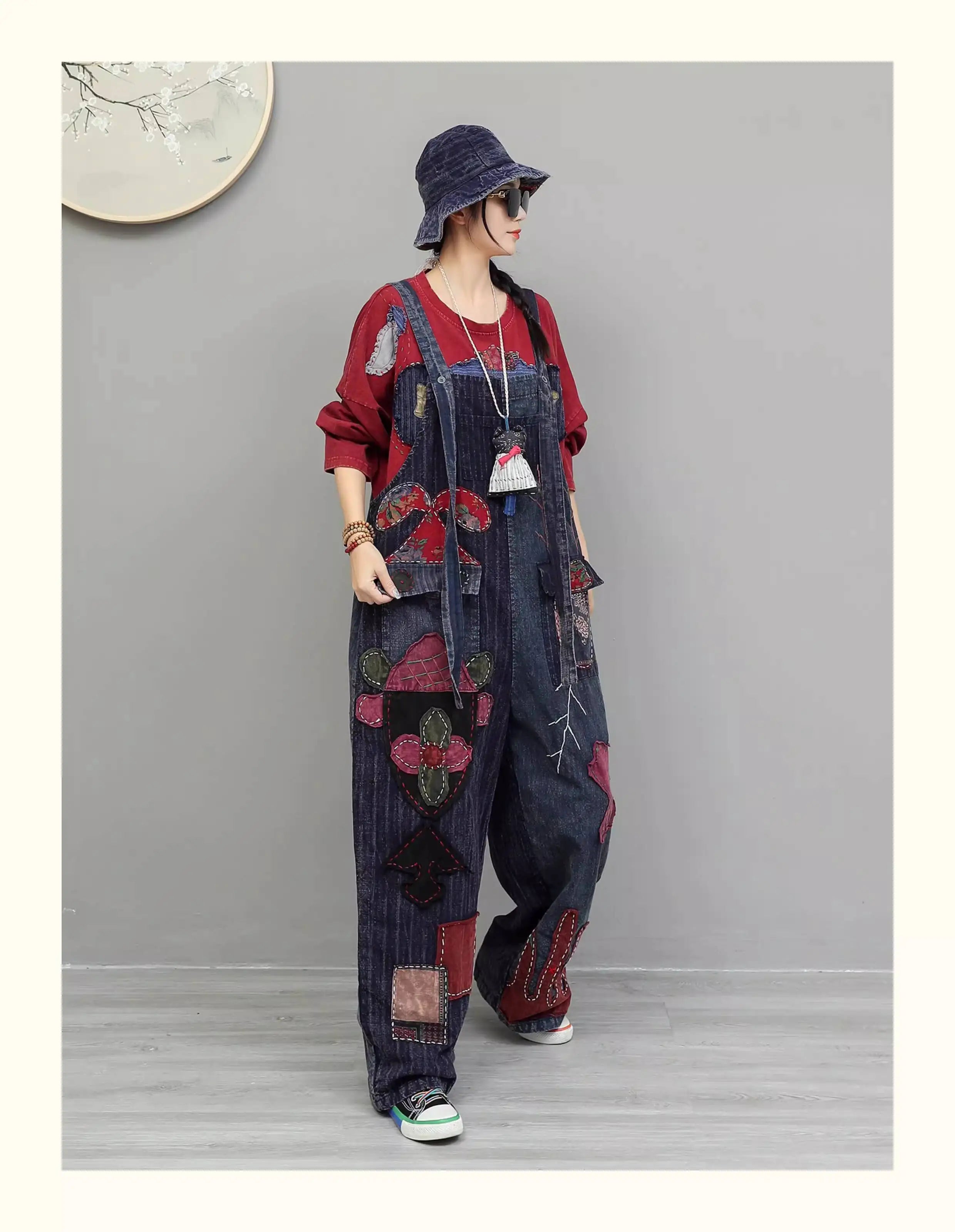 Hand Embroidery Old Cloth Patchwork Wide Leg Strap Long Pants Women Autumn Loose High Waist Jumpsuit LX4343