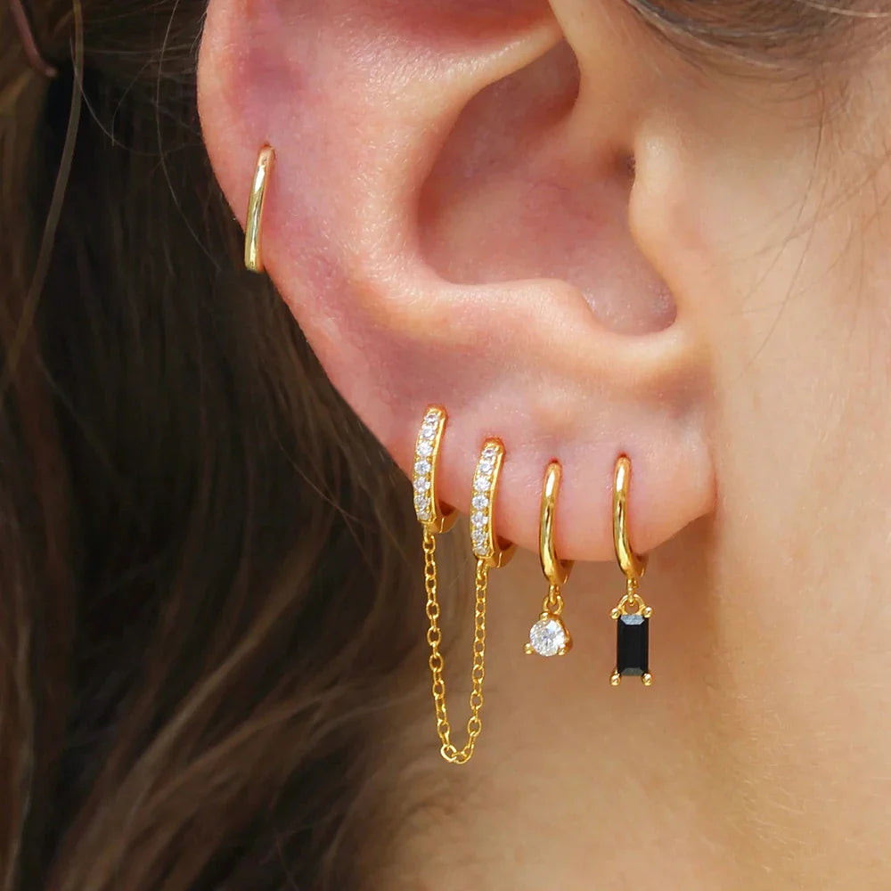 4PCS Exquisite Stainless Steel Long Chain Pendant Earrings Set for Woman Little Huggies Hoop Earrings Cartilage Piercing Jewelry