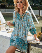 2025 Autumn Womens New Long-sleeved Bohemian Print V-neck Mini Dress For Women's Fashionable Temperament Comfortable Short Skirt