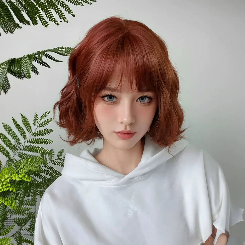 Allbell Magique Short Wavy Wig Bob Curly Wig With Bangs Dirty Orange Lolita Wigs Natural Synthetic Wig For Woman Heat Resistant