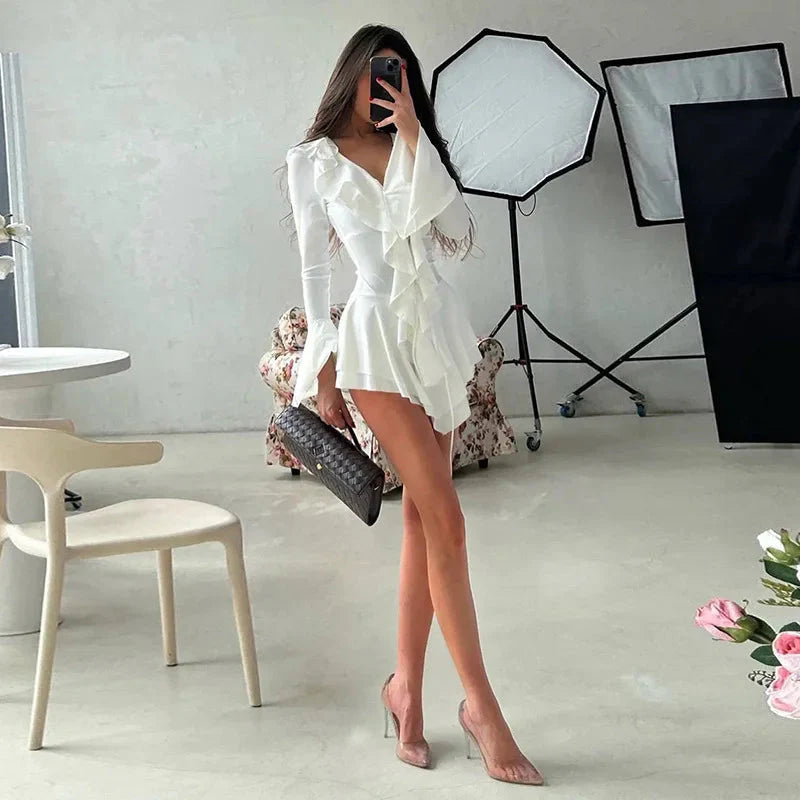 2025 New Autumn Irregular Hem Dress Women Y2K Flare Sleeve V-Neck Bandage Stretch Elegant Birthday Party Chic Hipster Bodycon