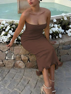 Dulzura Sleeveless Ruffles Patchwork Strapless Bodycon Midi Dress Women'S Solid Sexy Outfit Party Clubwear For Autumn Winter