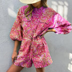 BAMBOOBOY Women Summer Long Sleeve Playsuit with Waist Elastic Band Casual Stand Collar Pocket Loose Wide Leg Short Jumpsuit