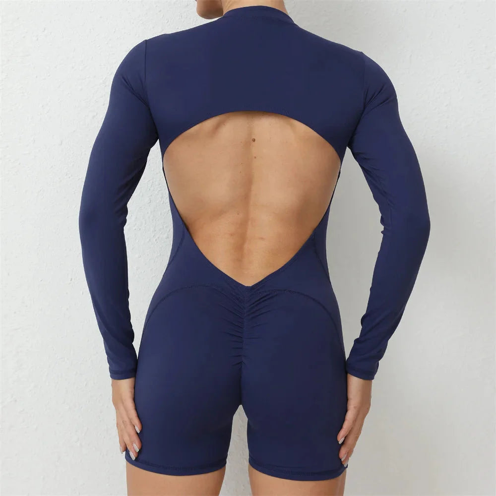 2025 Pad Zipper Long Sleeve Yoga Set Women One Piece Jumpsuit Gym Workout Shorts Fitness Bodysuit Sports Athletic Suit XP358